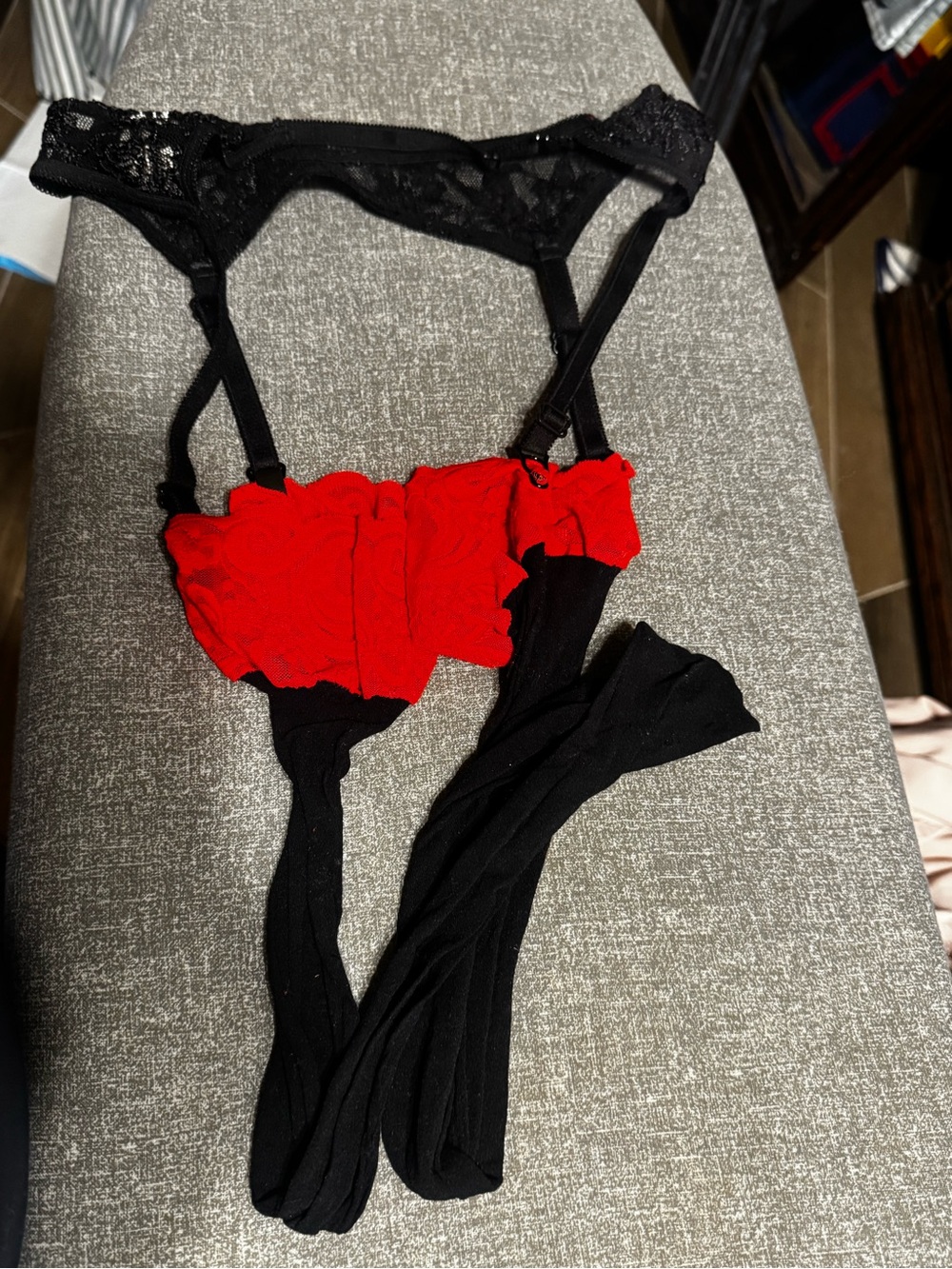 Leg Avenue Black Garter Lingerie with Red Ruffled Cups